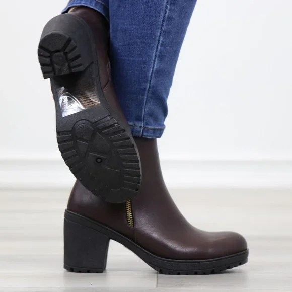 Brown Synthetic Leather Chunky Lug Block Heel Round Toe Ankle Boots - Picture 3 of 11